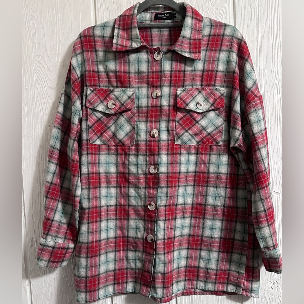 Noémi Kent Red, Gray, and Teal Plaid Shirt